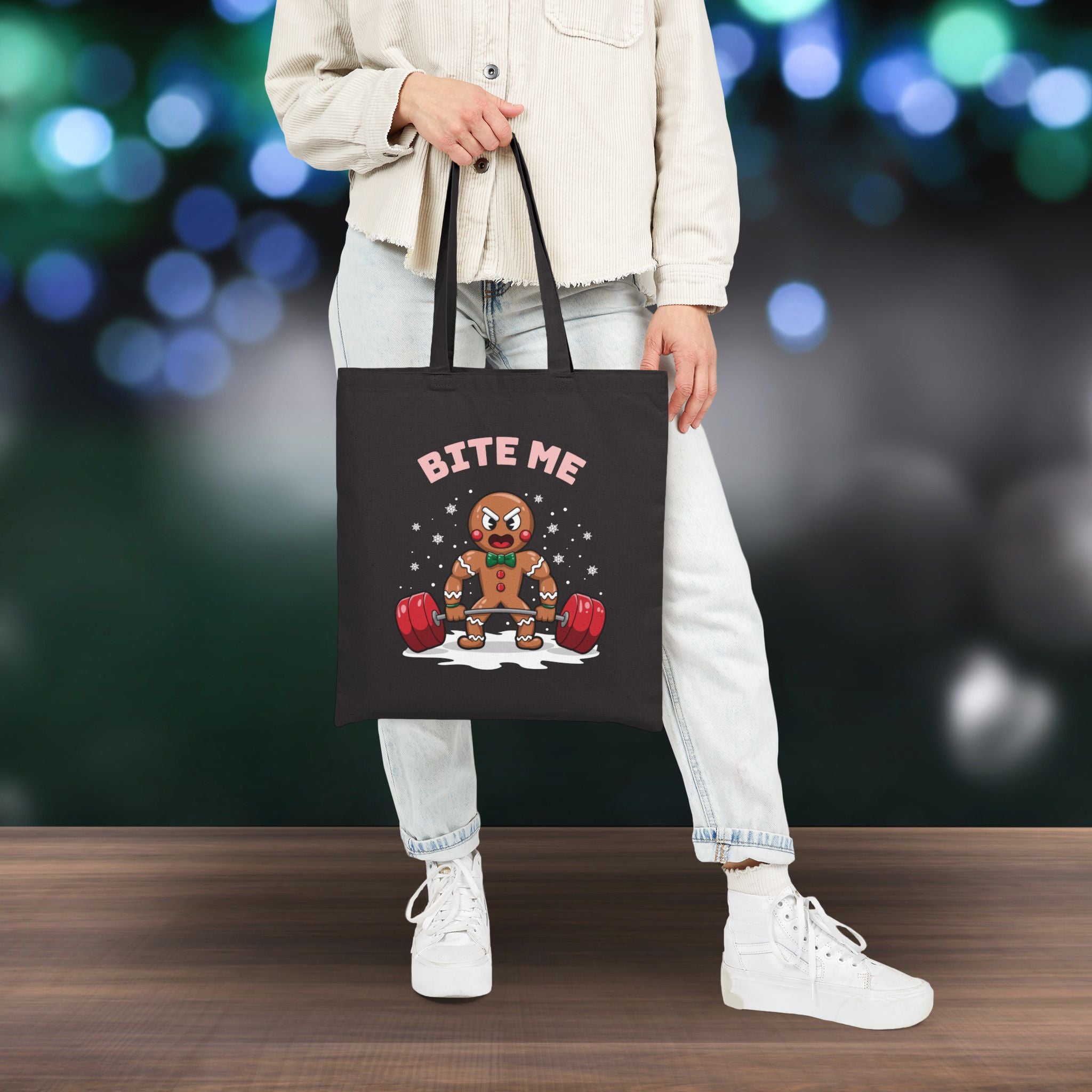 Bite Me Funny Weightlifting GingerBread Man Gift Tote