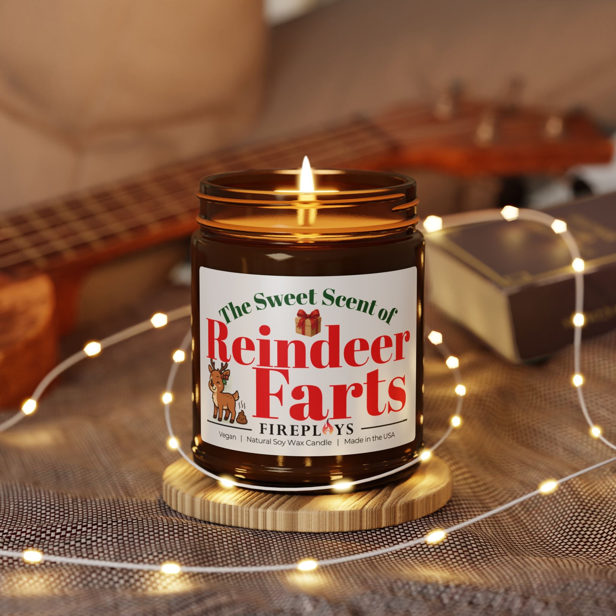 Funny scented Christmas holiday gift candle for sarcastic humor-loving friend who likes message candle with reindeer fart jokes