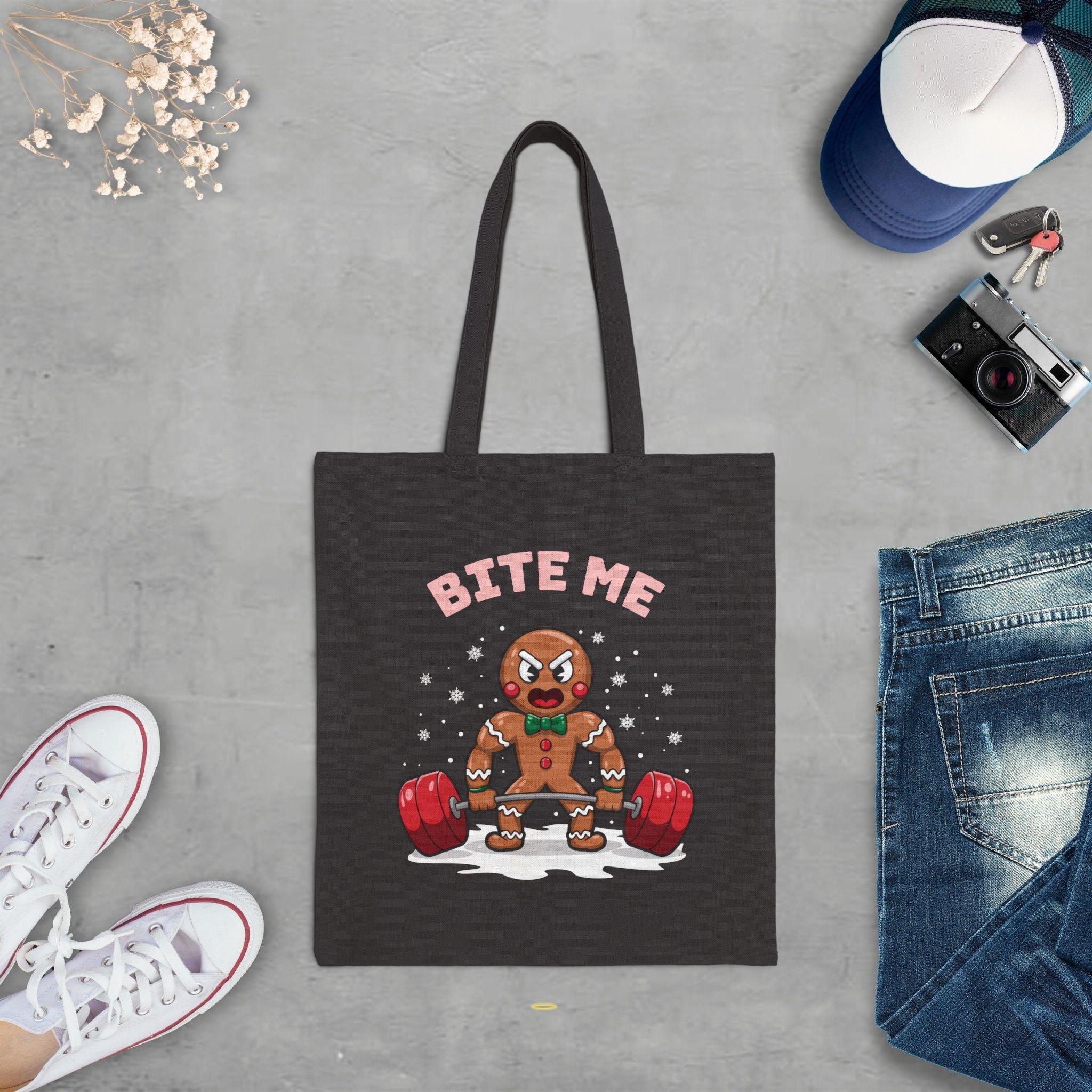 Bite Me Funny Weightlifting GingerBread Man Gift Tote