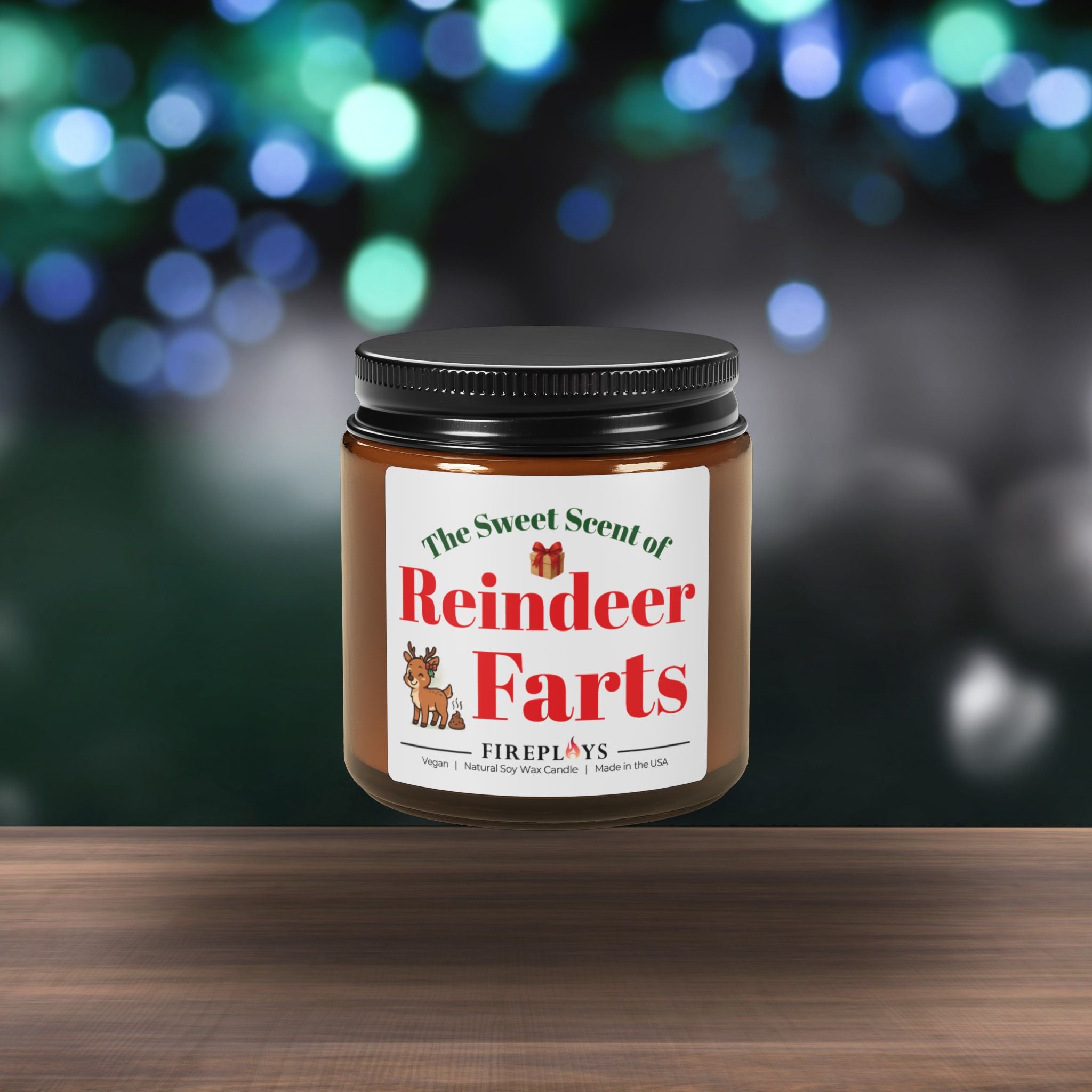 Funny scented Christmas holiday gift candle for sarcastic humor-loving friend who likes message candle with reindeer fart jokes