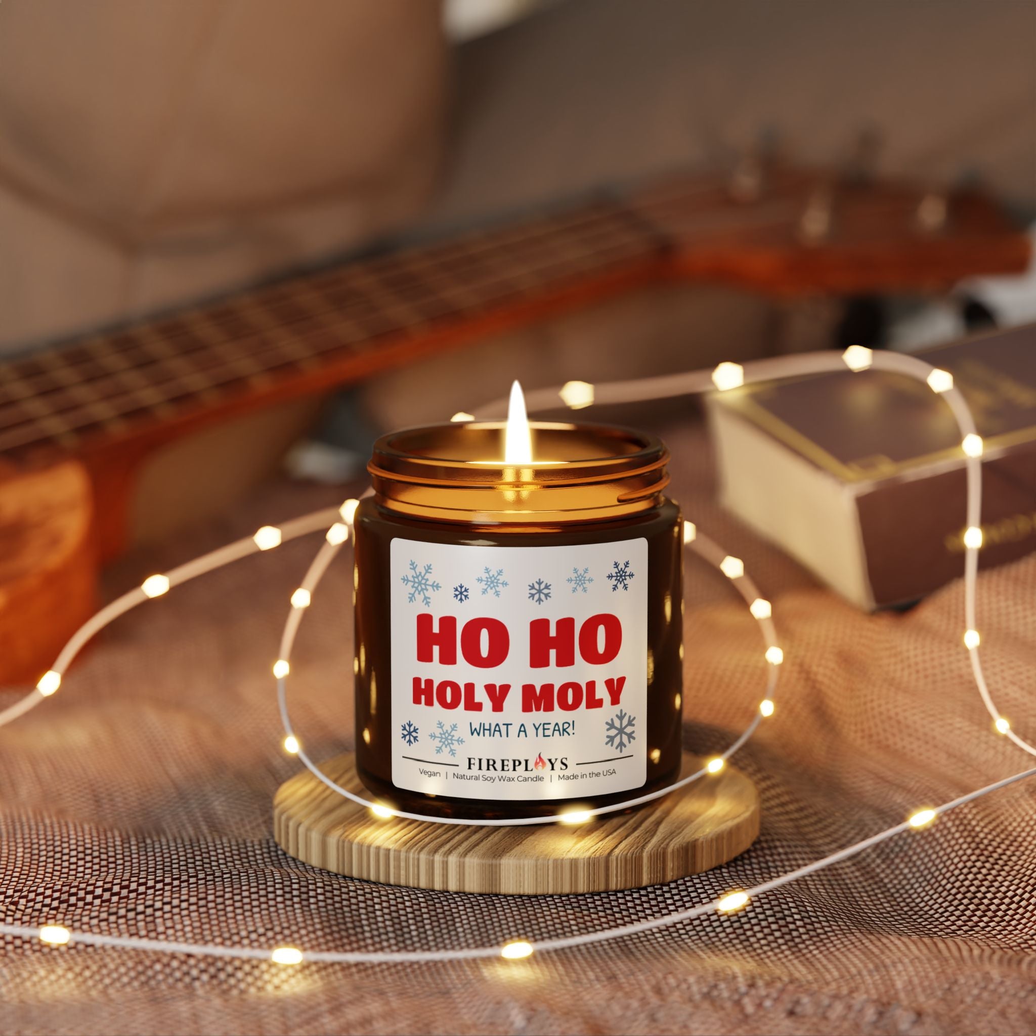 Funny scented Christmas gift candle for sarcastic humor-loving friend: HO HO Holy Moly Message