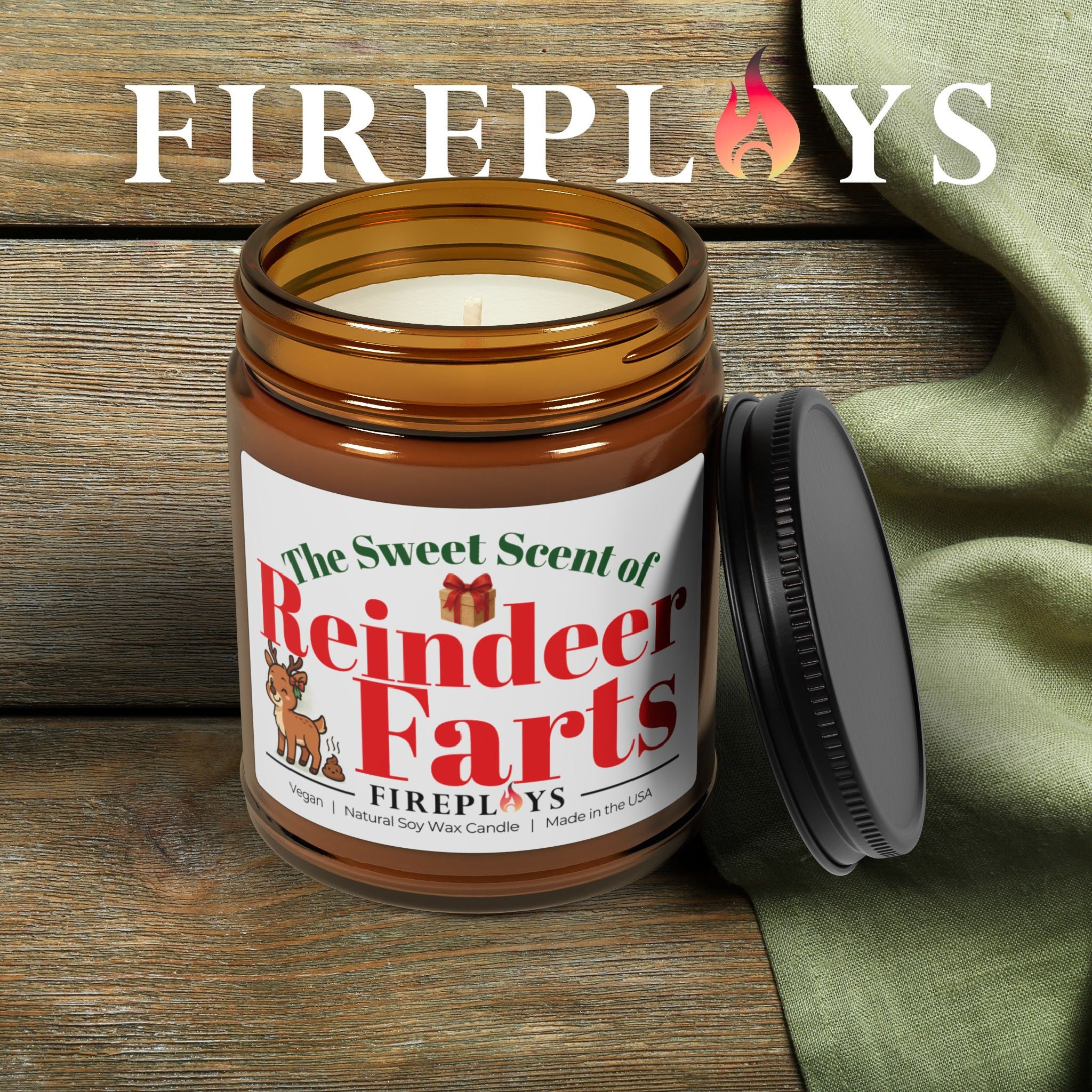 Funny scented Christmas holiday gift candle for sarcastic humor-loving friend who likes message candle with reindeer fart jokes