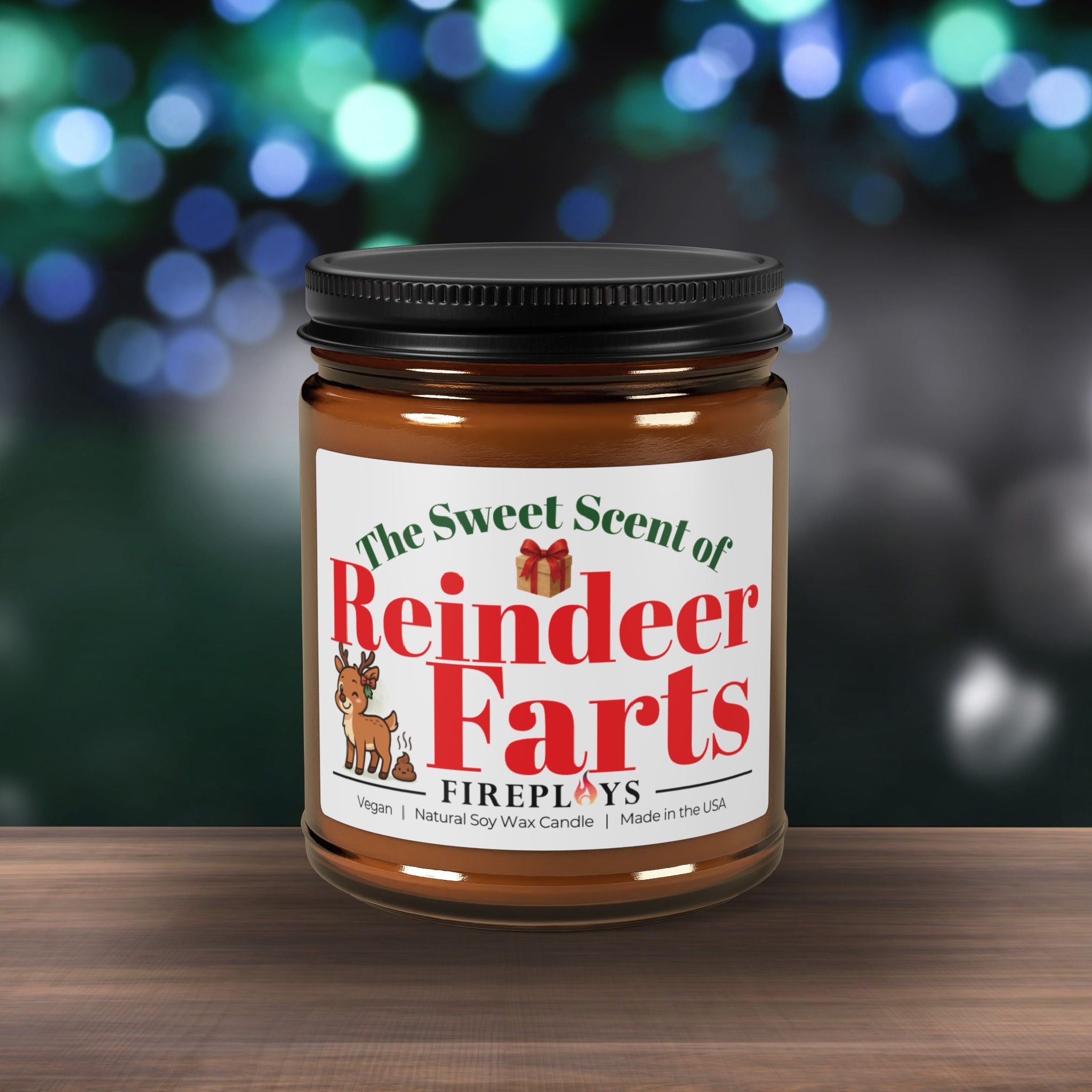 Funny scented Christmas holiday gift candle for sarcastic humor-loving friend who likes message candle with reindeer fart jokes